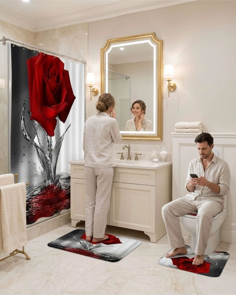 JUEGO DE BAÑO 4 PIEZAS CORTINA MAS ALFOMBRAS Y FUNDA DE INODORO - 4