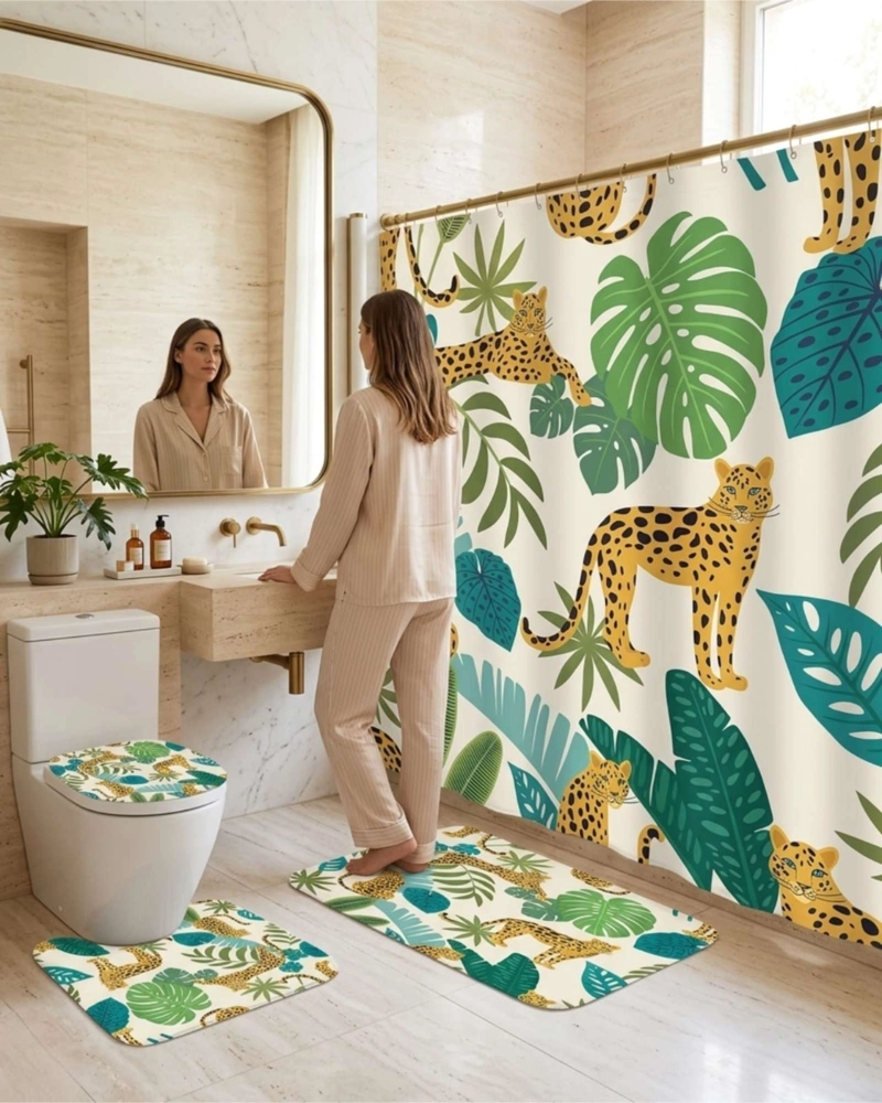 JUEGO DE BAÑO 4 PIEZAS CORTINA MAS ALFOMBRAS Y FUNDA DE INODORO - 2