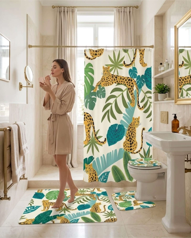 JUEGO DE BAÑO 4 PIEZAS CORTINA MAS ALFOMBRAS Y FUNDA DE INODORO - 3