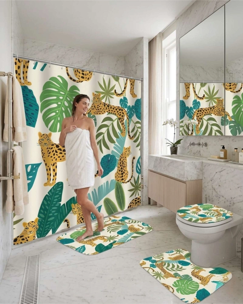 JUEGO DE BAÑO 4 PIEZAS CORTINA MAS ALFOMBRAS Y FUNDA DE INODORO - 4