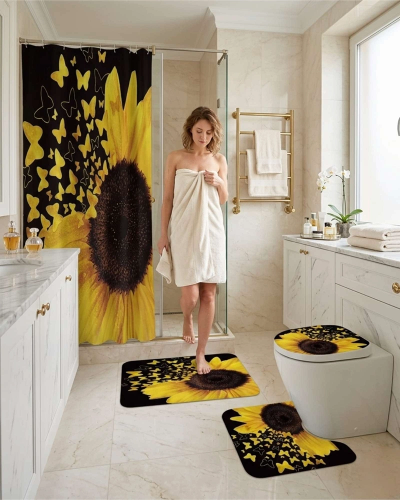 JUEGO DE BAÑO 4 PIEZAS CORTINA MAS ALFOMBRAS Y FUNDA DE INODORO - 1
