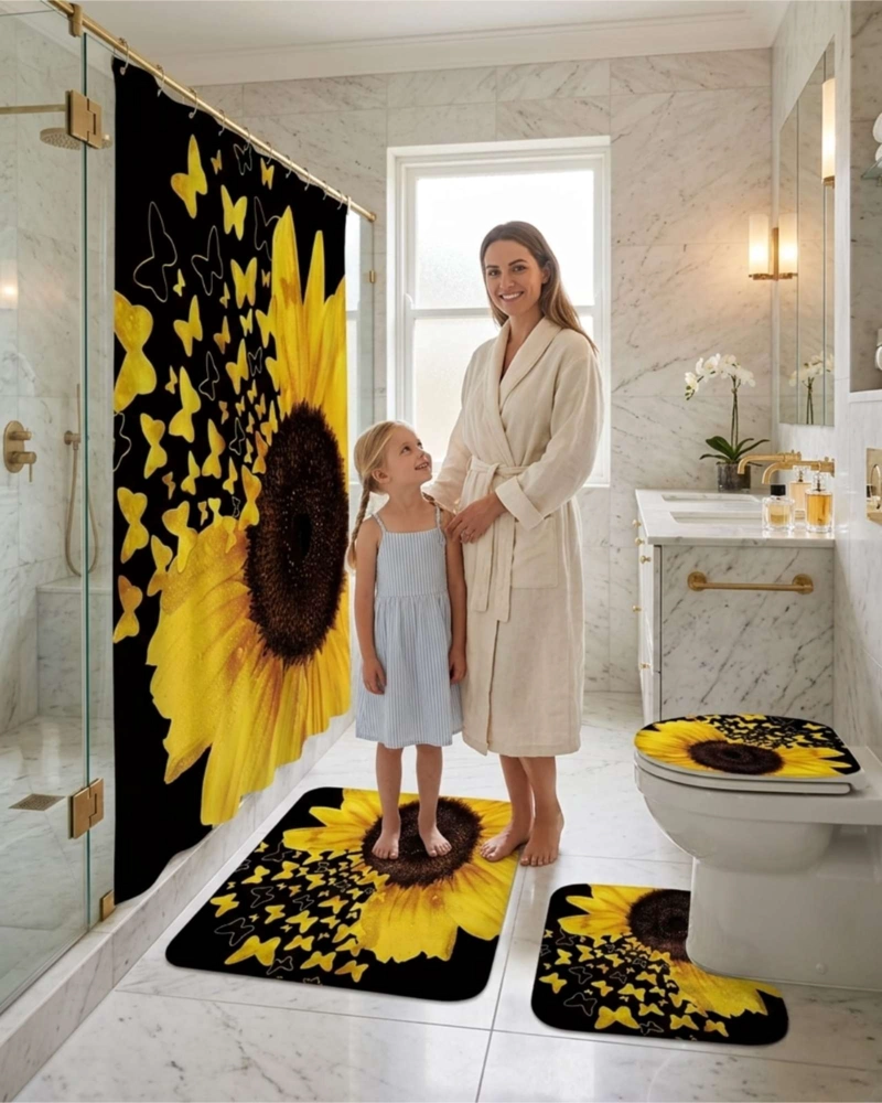 JUEGO DE BAÑO 4 PIEZAS CORTINA MAS ALFOMBRAS Y FUNDA DE INODORO - 3