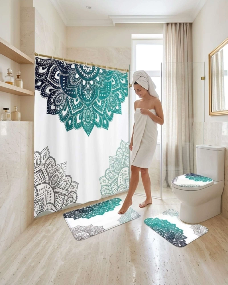 JUEGO DE BAÑO 4 PIEZAS CORTINA MAS ALFOMBRAS Y FUNDA DE INODORO - 3