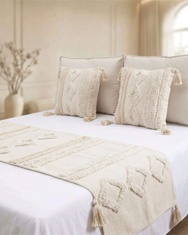 SET PIECERA DE CAMA BOHO CON DOS FUNDAS COJIN BORDADO - 5