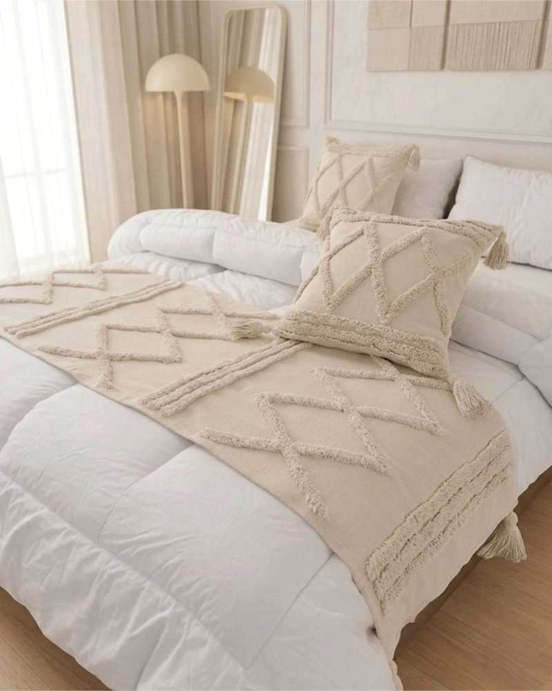 SET PIECERA DE CAMA BOHO CON DOS FUNDAS COJIN BORDADO - 5