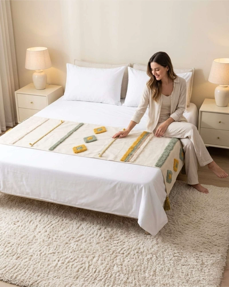 SET PIECERA DE CAMA BOHO CON DOS FUNDAS COJIN BORDADO - 1