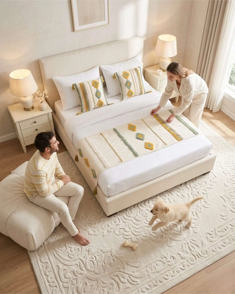 SET PIECERA DE CAMA BOHO CON DOS FUNDAS COJIN BORDADO - 3