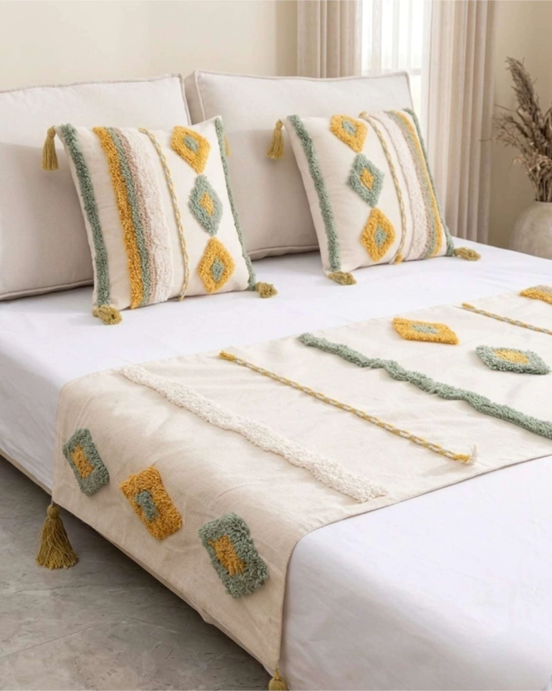 SET PIECERA DE CAMA BOHO CON DOS FUNDAS COJIN BORDADO - 5