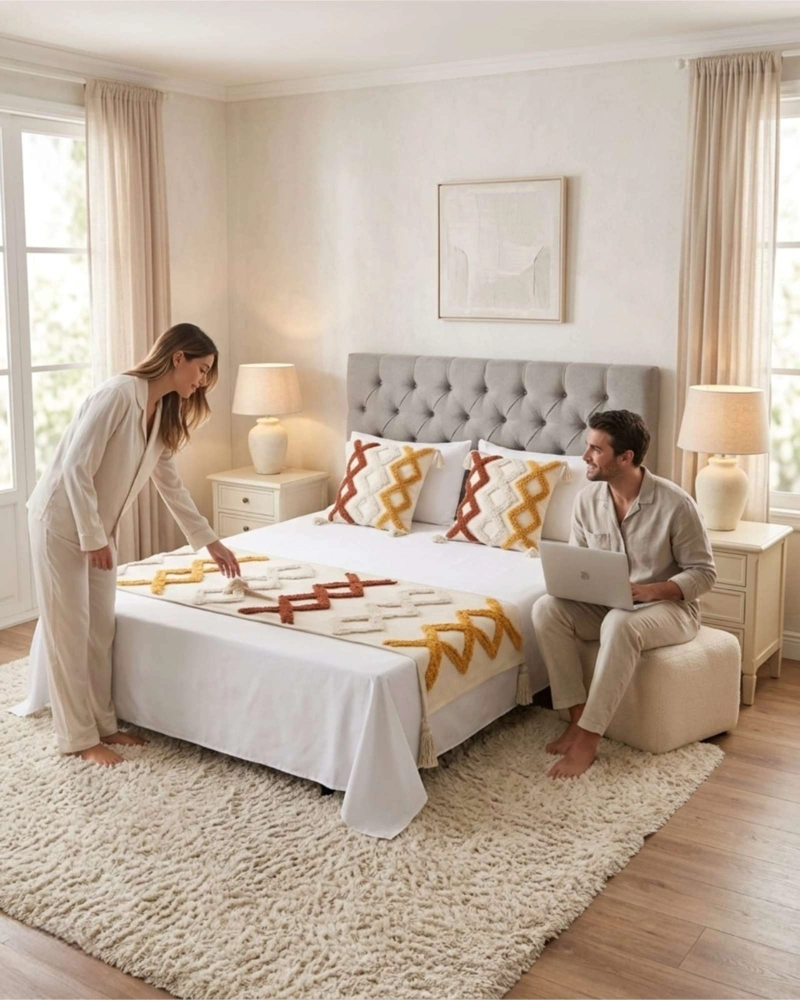 SET PIECERA DE CAMA BOHO CON DOS FUNDAS COJIN BORDADO - 1