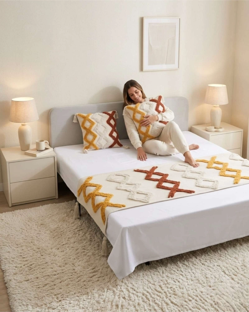 SET PIECERA DE CAMA BOHO CON DOS FUNDAS COJIN BORDADO - 2