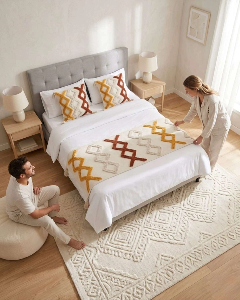 SET PIECERA DE CAMA BOHO CON DOS FUNDAS COJIN BORDADO - 3
