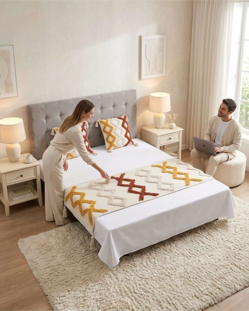 SET PIECERA DE CAMA BOHO CON DOS FUNDAS COJIN BORDADO - 4