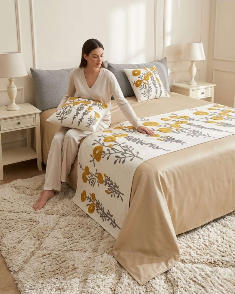 PIECERA MANTA DE CAMA TEXTURIZADA CON BORDADO BOTANICO - 1