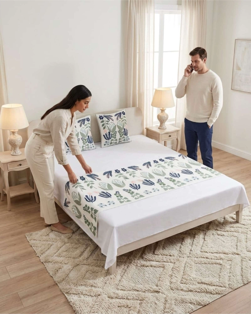 PIECERA MANTA DE CAMA TEXTURIZADA CON BORDADO BOTANICO - 4
