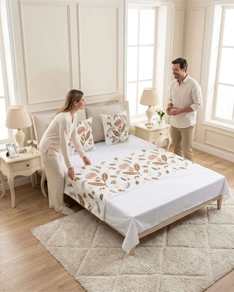 PIECERA MANTA DE CAMA TEXTURIZADA CON BORDADO BOTANICO - 1