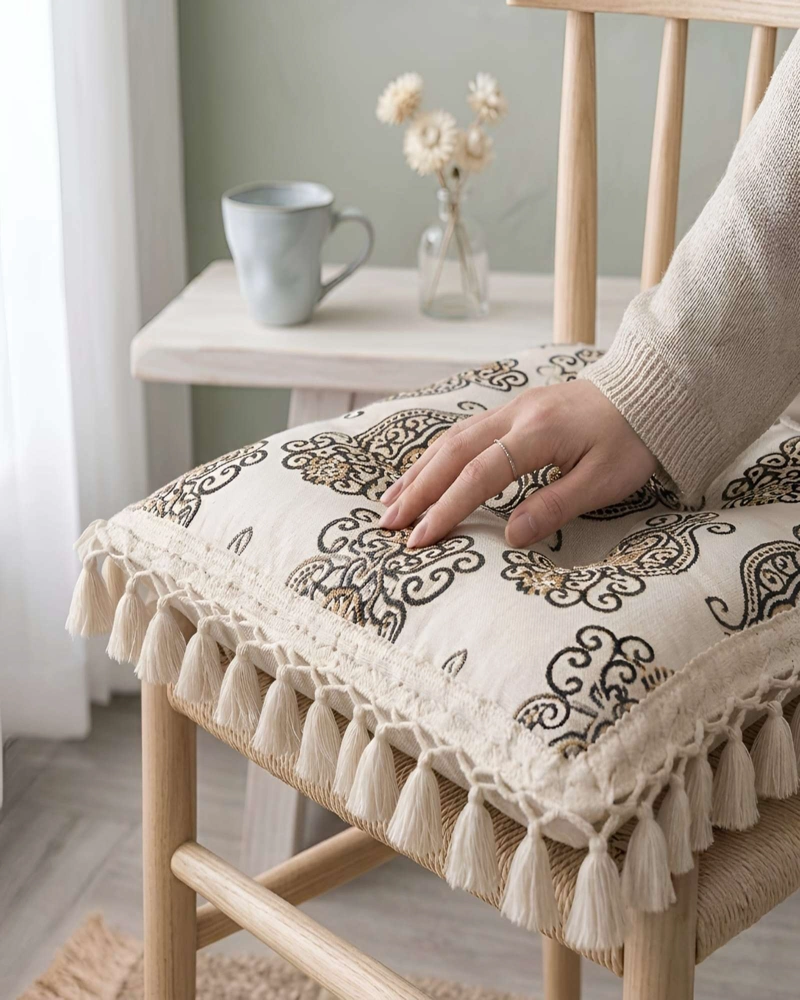 PACK 4 COJINES DE SILLA CON FLECOS DECORATIVOS BOHO 43X43 - 1