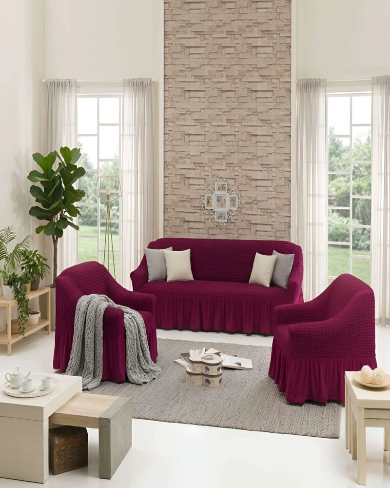 SET FUNDAS SILLON ELASTICA 3+1+1 CON FALDON TEXTURA NIDO DE ABEJA - 2