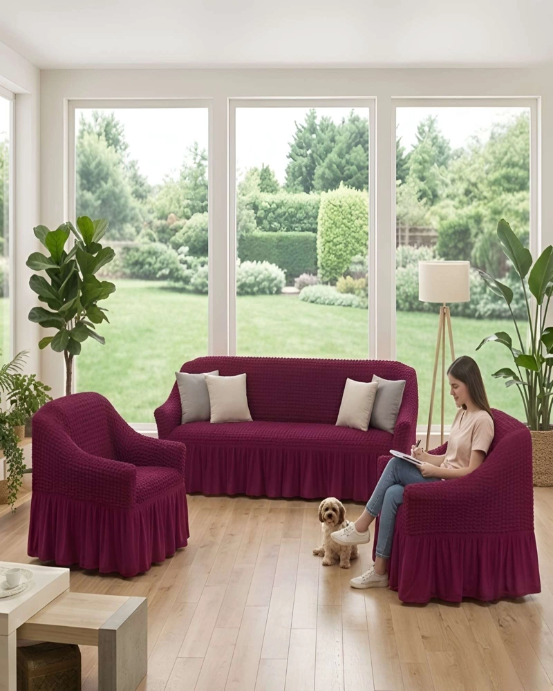 SET FUNDAS SILLON ELASTICA 3+1+1 CON FALDON TEXTURA NIDO DE ABEJA - 4