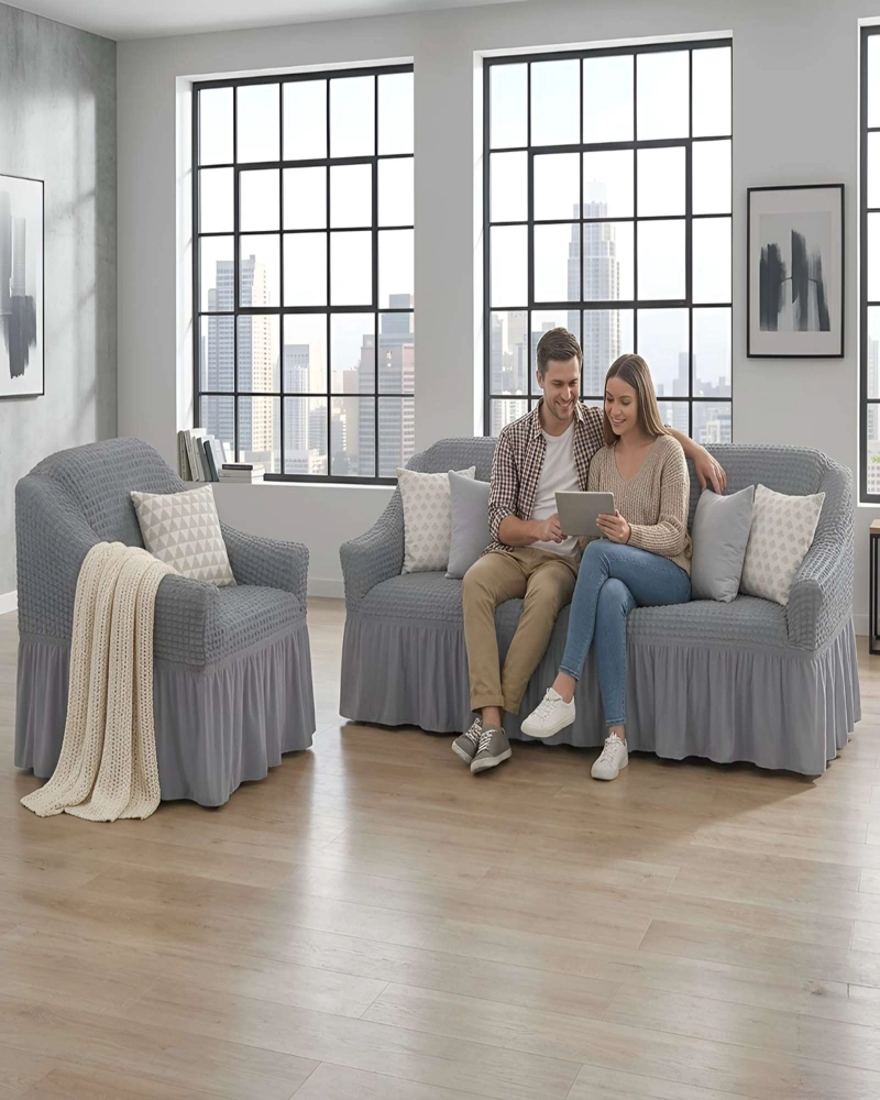 SET FUNDAS SILLON ELASTICA 3+1+1 CON FALDON TEXTURA NIDO DE ABEJA - 4