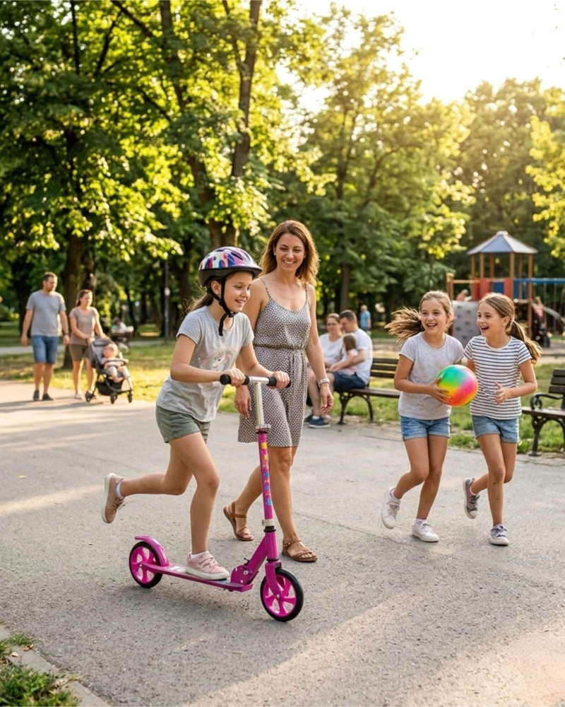 SCOOTER INFANTIL AJUSTABLE Y PLEGABLE CON PATA DE APOYO ROSADO - 3