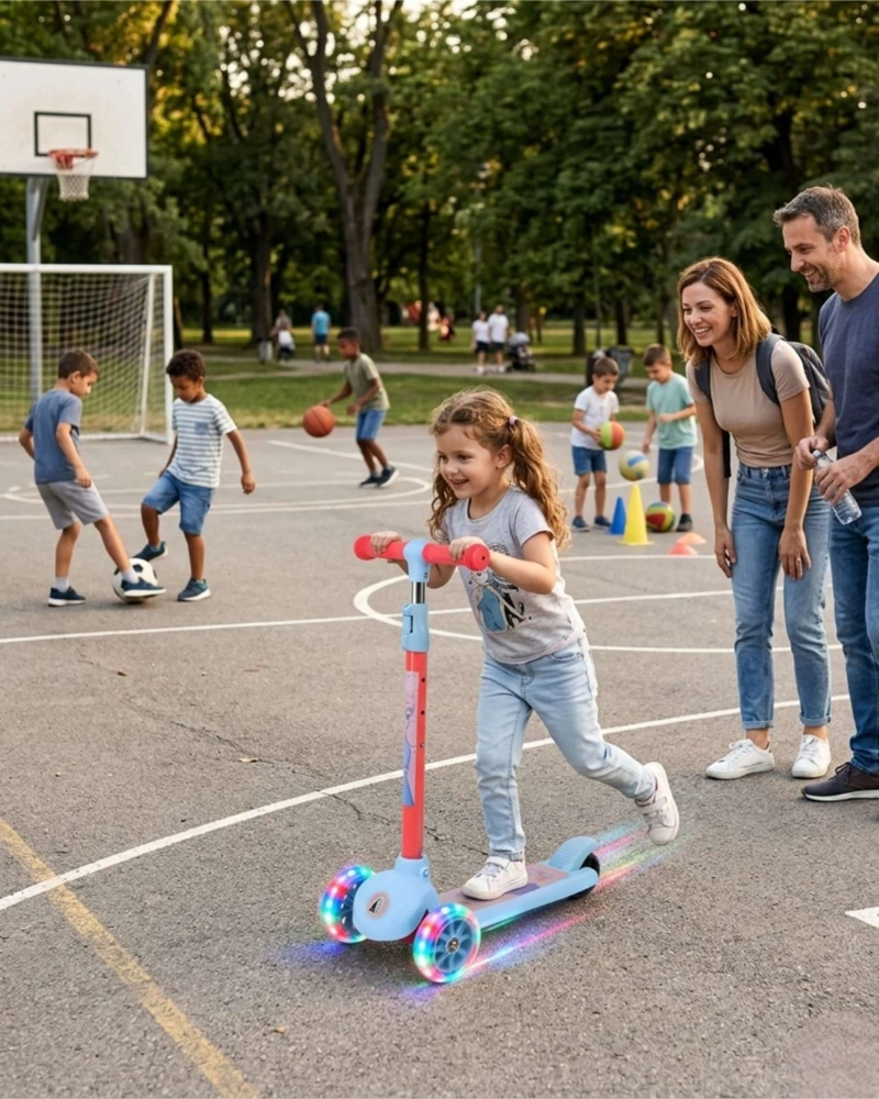SCOOTER MONOPATIN INFANTIL 3 RUEDAS CON LUCES LED CELESTE ROSADO - 4