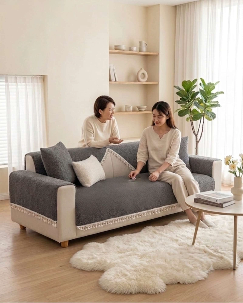 FUNDA PARA SOFA 3 CUERPOS DECORATIVA CON DETALLES EN FLECOS - 1