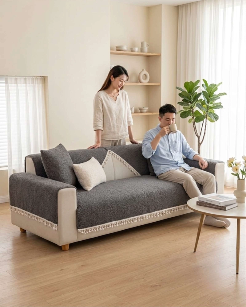 FUNDA PARA SOFA 3 CUERPOS DECORATIVA CON DETALLES EN FLECOS - 4