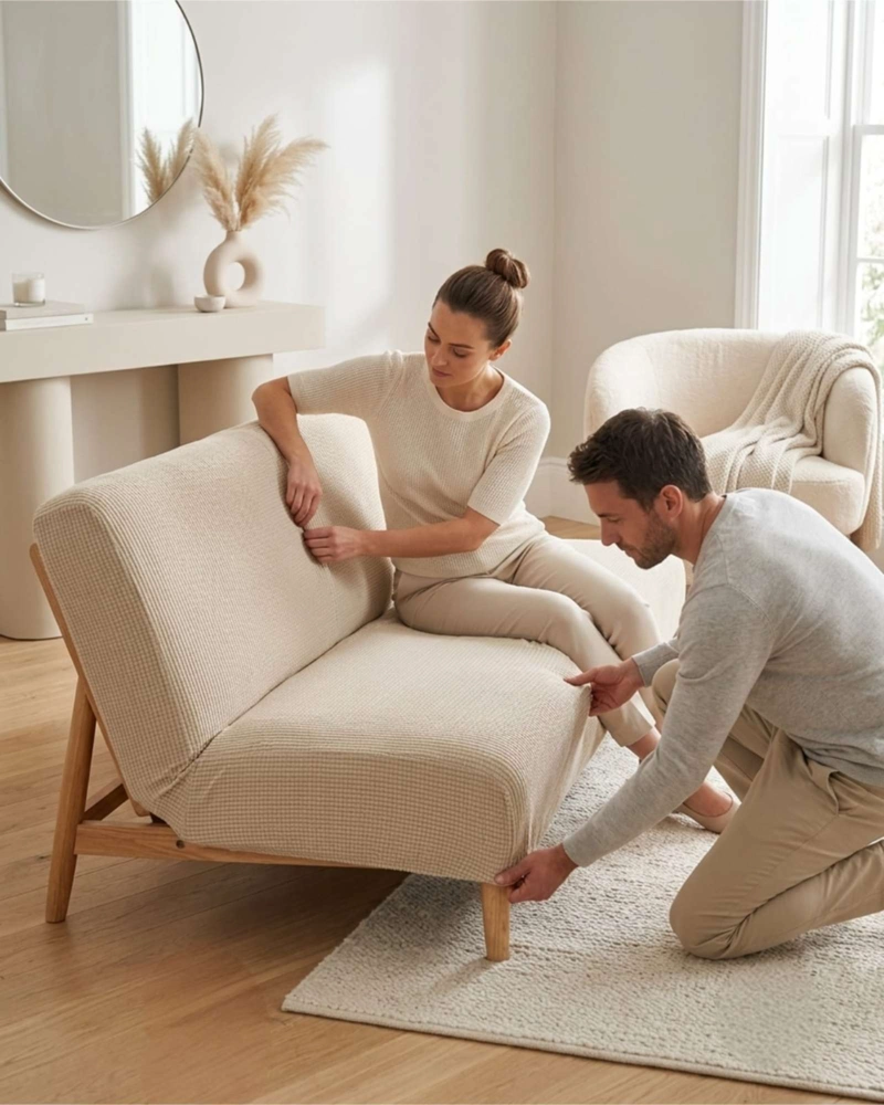 FUNDA PARA FUTON ELASTICA DISEÑO CUADRILLE  AJUSTABLE - 4