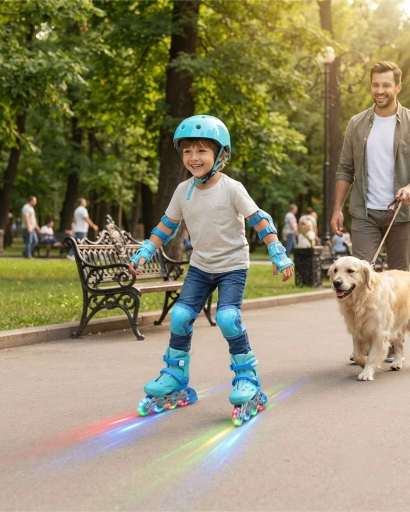 PATINES ROLLERS AJUSTABLES TALLA M CON LUCES LED Y KIT DE PROTECCION INFANTIL - 1