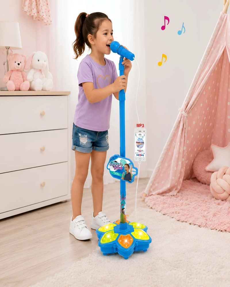 MICROFONO KARAOKE PARA NIÑOS CON PEDESTAL LUCES LED Y CONECTOR MP3 - 4