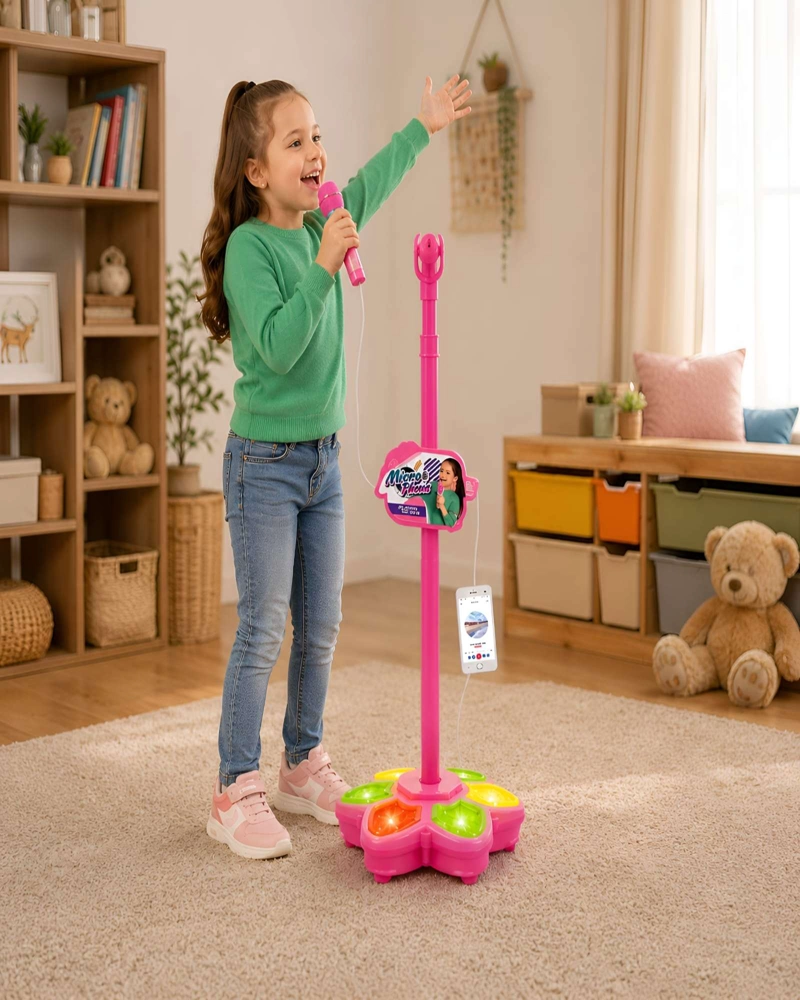 MICROFONO KARAOKE PARA NIÑAS CON PEDESTAL LUCES LED Y CONECTOR MP3 - 3
