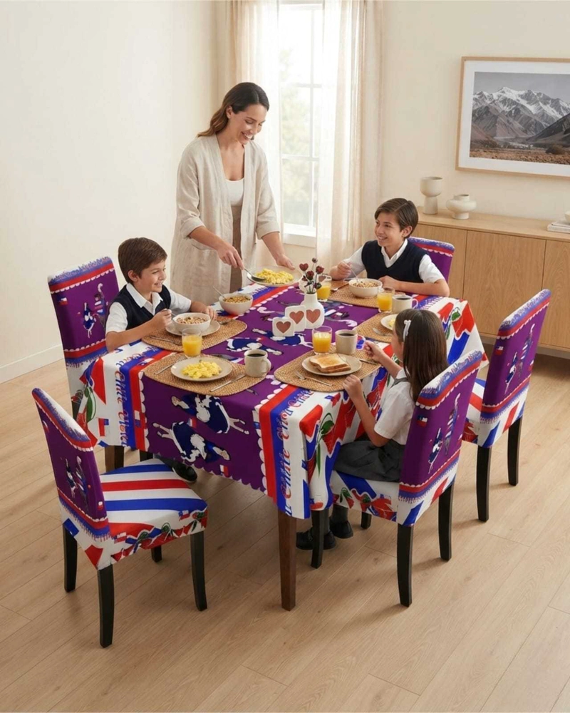 SET DIECIOCHERO 7 PIEZAS: MANTEL Y 6 FUNDAS PARA SILLAS FIESTAS PATRIAS - 1