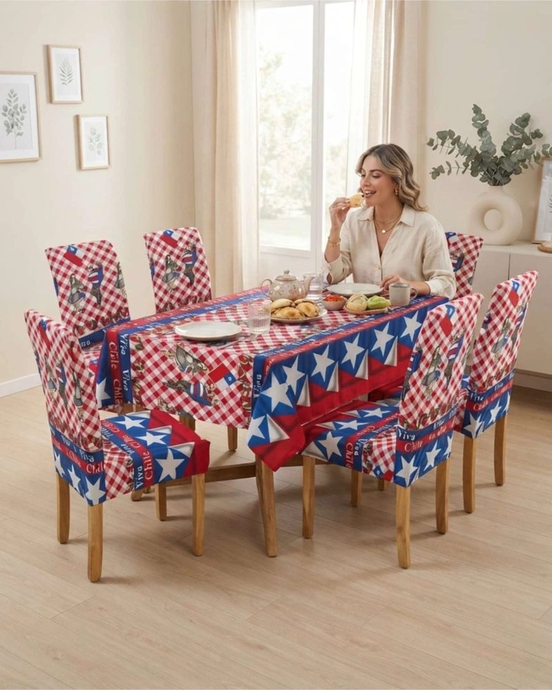 SET MANTEL Y 6 FUNDAS ELASTICADAS PARA SILLA FIESTAS PATRIAS - 5
