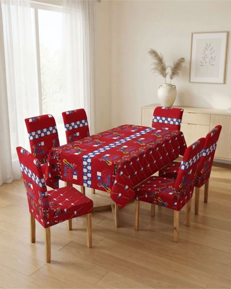 SET MANTEL Y 6 FUNDAS ELASTICADAS PARA SILLA FIESTAS PATRIAS - 4