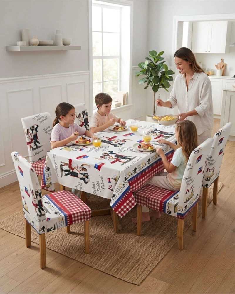 SET MANTEL Y 6 FUNDAS ELASTICADAS PARA SILLA FIESTAS PATRIAS - 2