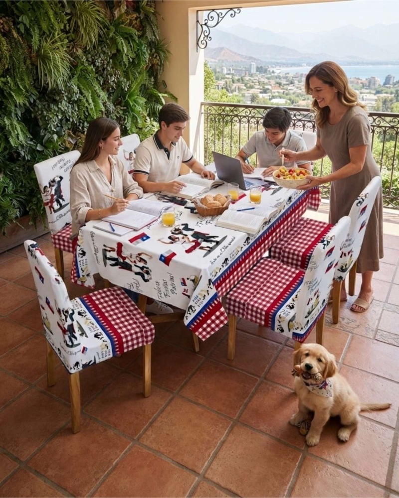 SET MANTEL Y 6 FUNDAS ELASTICADAS PARA SILLA FIESTAS PATRIAS - 4