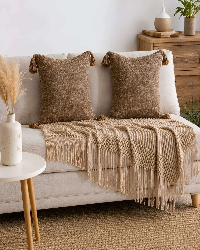 PACK 2 FUNDAS DE COJIN TEXTURA CHENILLE CON POMPONES - 5