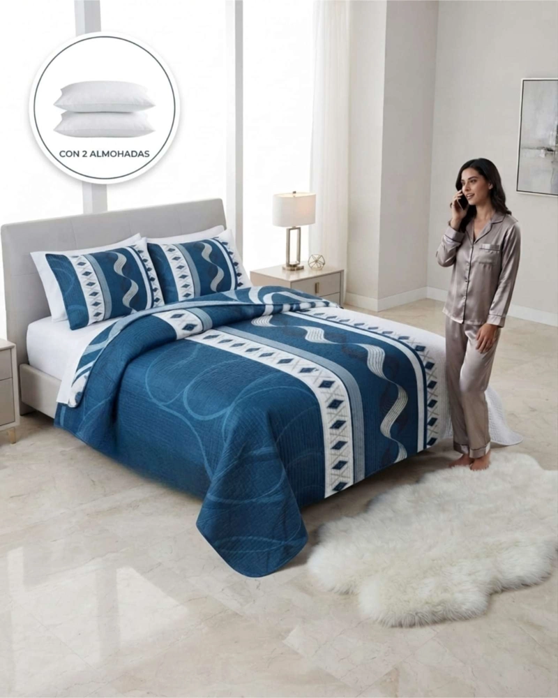 CUBRECAMA QUILT DE VERANO 2 PLAZAS MICROFIBRA ULTRA LIVIANO + 2 FUNDAS - 5
