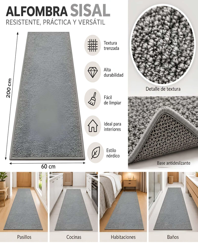 ALFOMBRA PASILLERA DE SISAL NATURAL 60 X 200 CM | ANTIDESLIZANTE Y RESISTENTE - 6