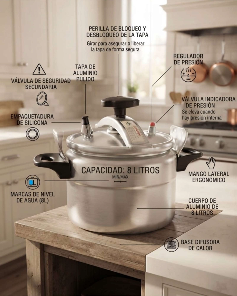 OLLA A PRESION 8L DORAL KITCHEN EN ALUMINIO CON ASAS TERMORRESISTENTES - 5