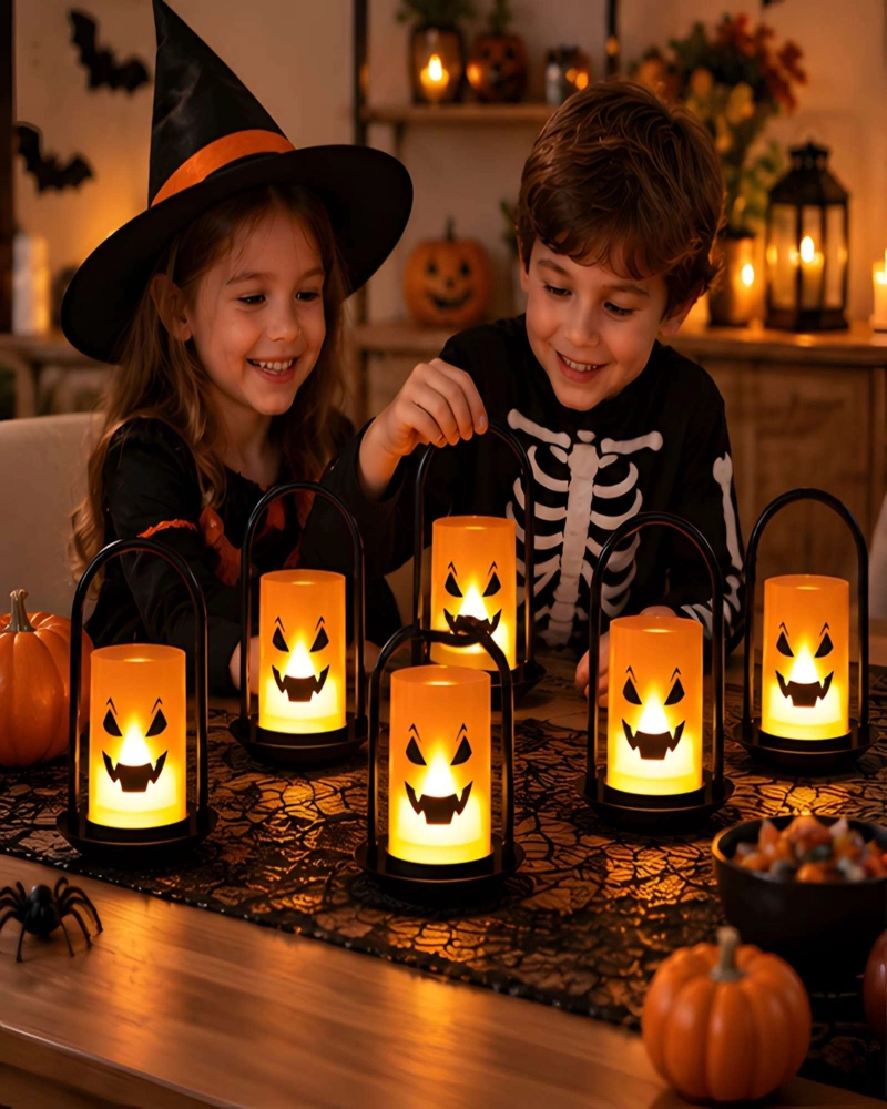 SET 6 FAROLES DECORATIVOS HALLOWEEN DISEÑOS CALABAZA LUZ LED - 4