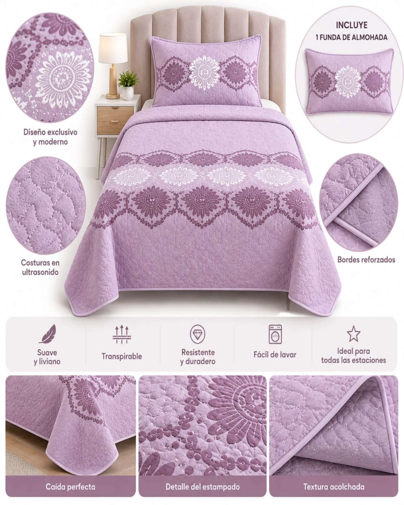 QUILT ACOLCHADO 1.5 PLAZAS 180X230 CM + FUNDA DE ALMOHADA - 6