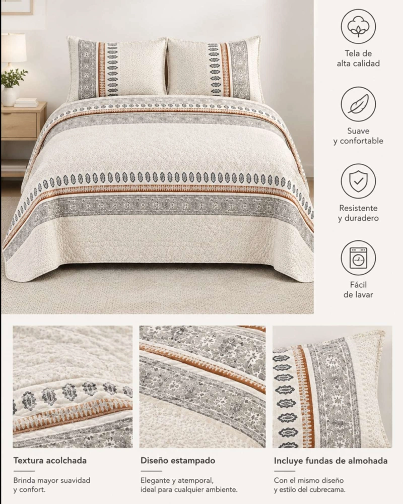 QUILT CUBRECAMA DELGADO VERANO SUPER KING + 2 FUNDAS - 5