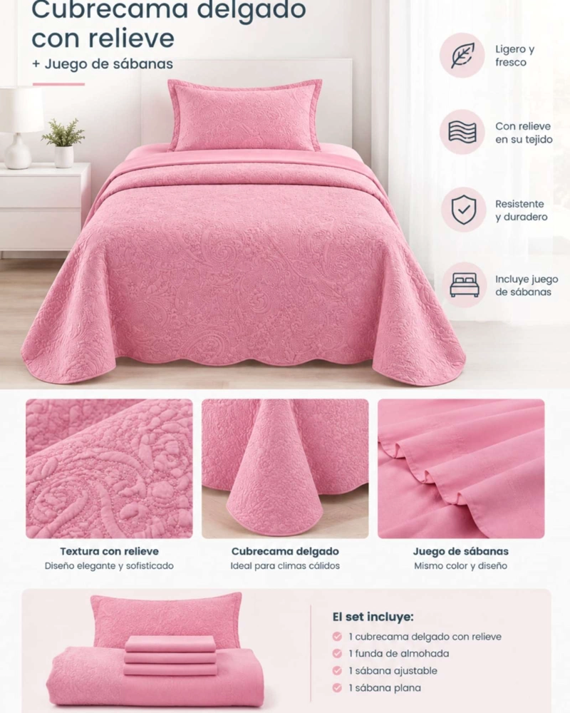 SET QUILT VERANO 1.5 PLAZAS LISO CON RELIEVE Y JUEGO DE SABANAS - 5