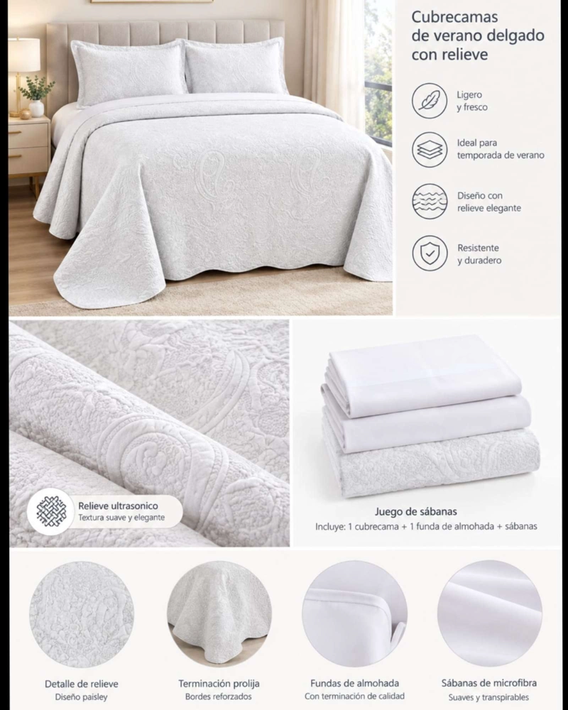 CUBRECAMA QUILT VERANO 1.5 PLAZAS LISO CON TEXTURA EN RELIEVE - 5