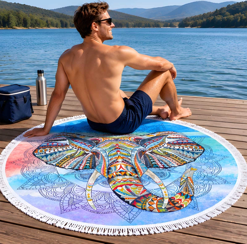 TOALLA DE PLAYA REDONDA 150 CM CON ESTAMPADO Y FLECOS DECORATIVOS - 4