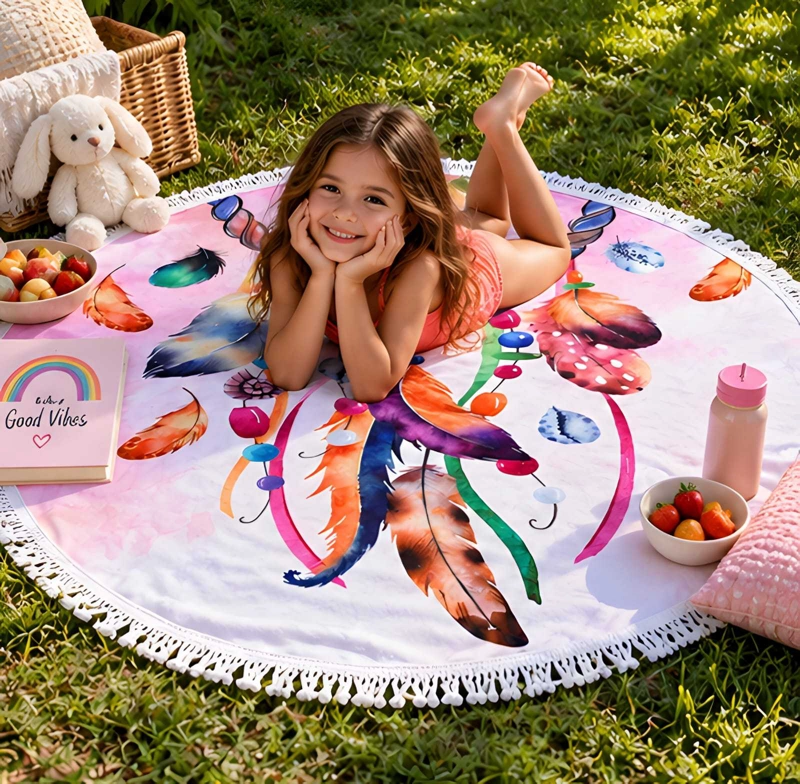 TOALLA DE PLAYA REDONDA 150 CM CON ESTAMPADO Y FLECOS DECORATIVOS - 1