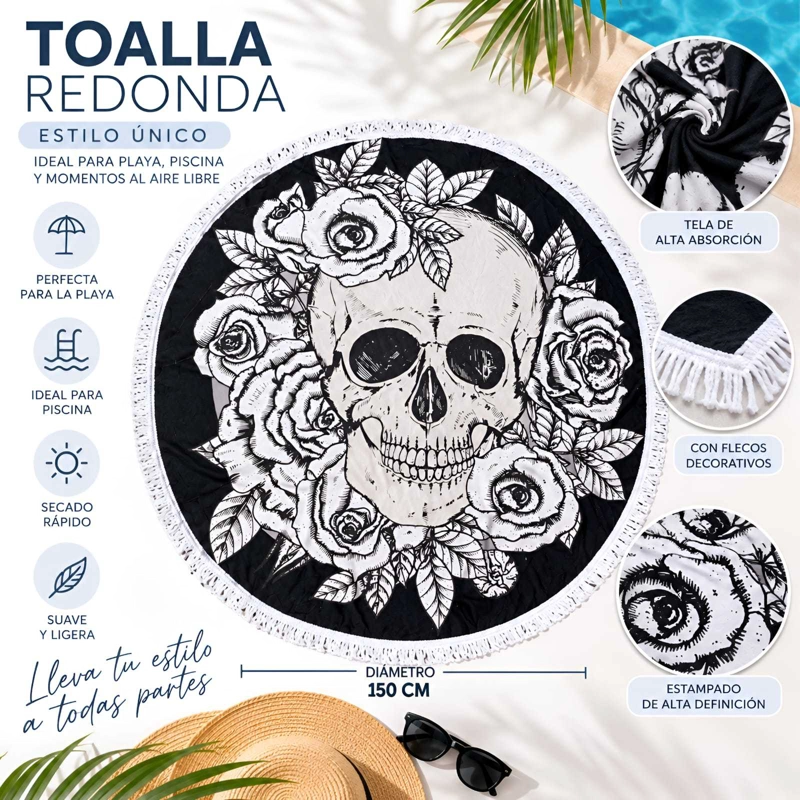 TOALLA DE PLAYA REDONDA 150 CM CON ESTAMPADO Y FLECOS DECORATIVOS - 5