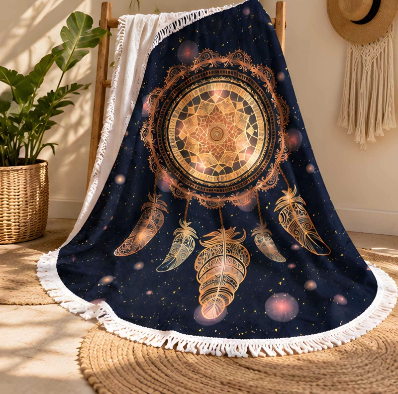 TOALLA DE PLAYA REDONDA 150 CM CON ESTAMPADO Y FLECOS DECORATIVOS - 2