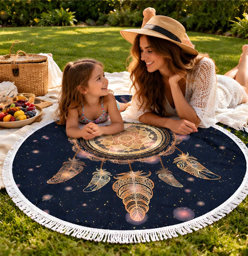 TOALLA DE PLAYA REDONDA 150 CM CON ESTAMPADO Y FLECOS DECORATIVOS - 3